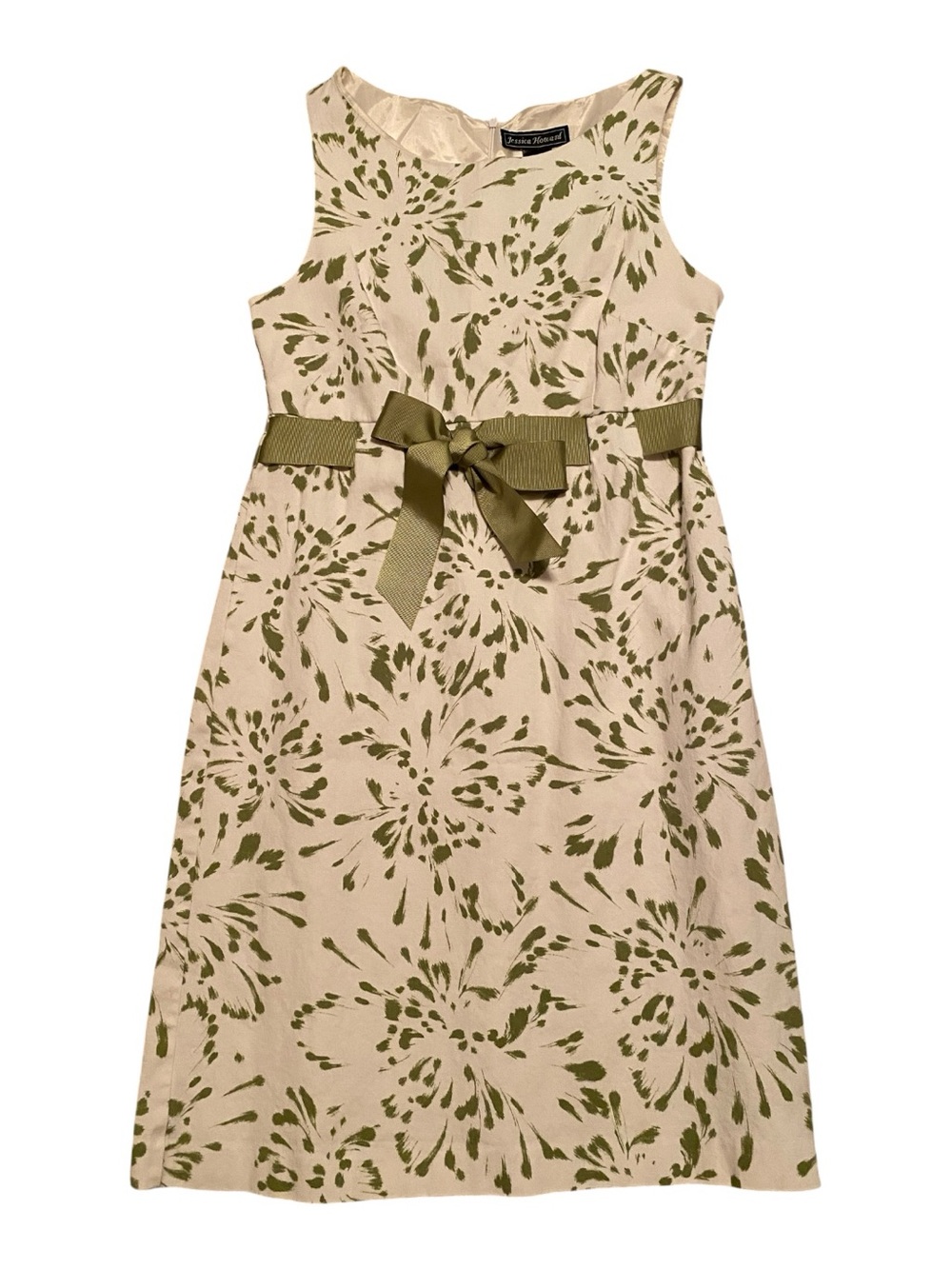 Jessica Howard Cream Dress with Olive Floral Print and Bow, Size 6